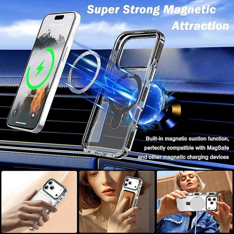 Phone Cases for Iphone 17/16/15/14/13/12 Pro Max plus Clear Magnetic Case with Stand and Finger Ring, Compatible with Magsafe, Shockproof Transparent Hard Plate, Full Body Case, Universal for Boys and Girls