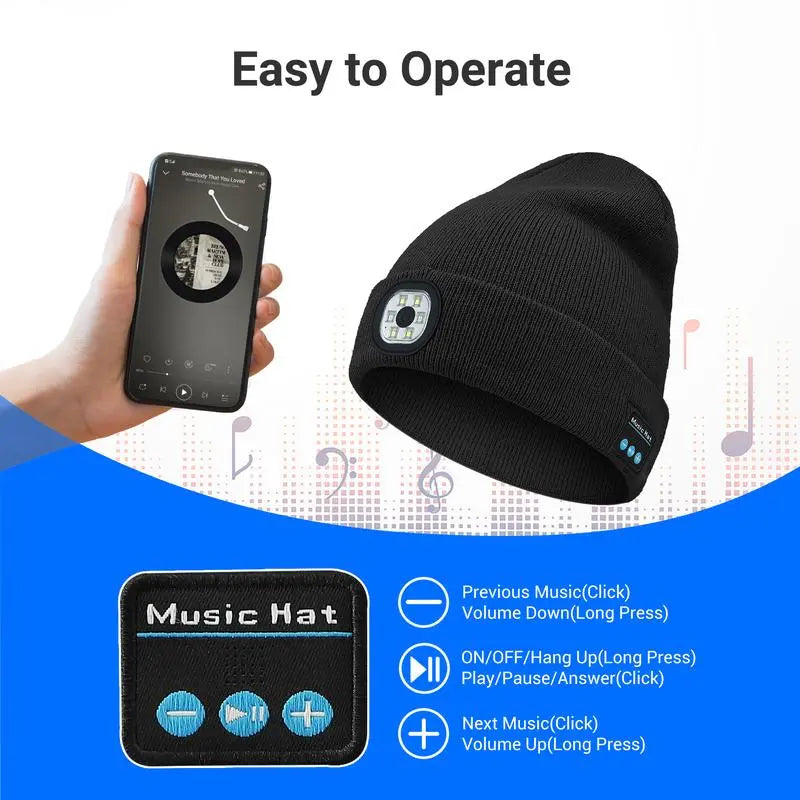 Bluetooth Beanie with Usb-Rechargeable LED Headlight — Ultra-Soft Acrylic Knit Hat with Built-In Wireless Headphones, Unisex Balaclava-Style Warm Cap for Men Women Teens, Great for Cycling, Hiking, Workouts, Christmas Gifts & Cold-Weather Adventures