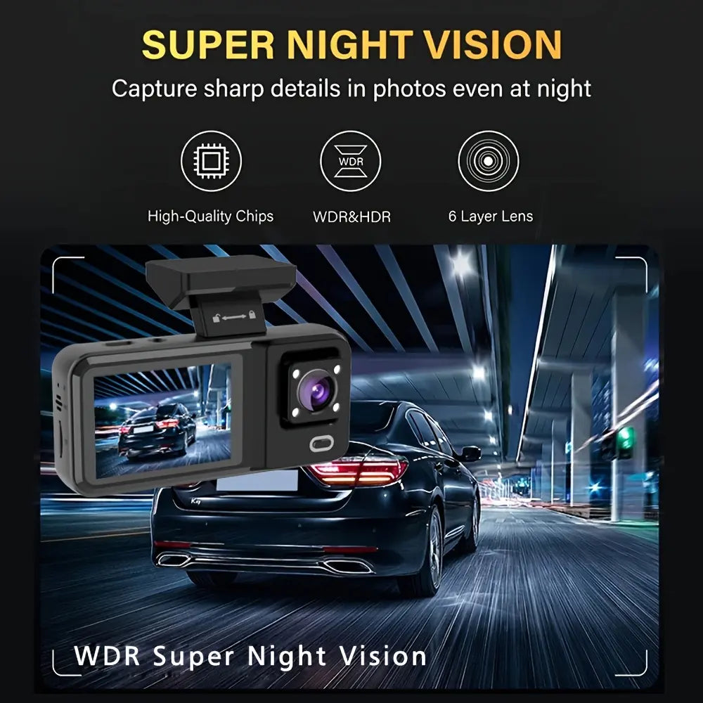 1080P 3 Channel Dash Cam with Night Vision, Cabin & Rear Camera, 170° Wide Angle, 64GB Card Included, Loop Recording, G-Sensor, 24H Parking Monitor, Infrared LED, Motion Detection, Super Night Vision, Backup Assist, 2.0" Display, Easy Install DVR