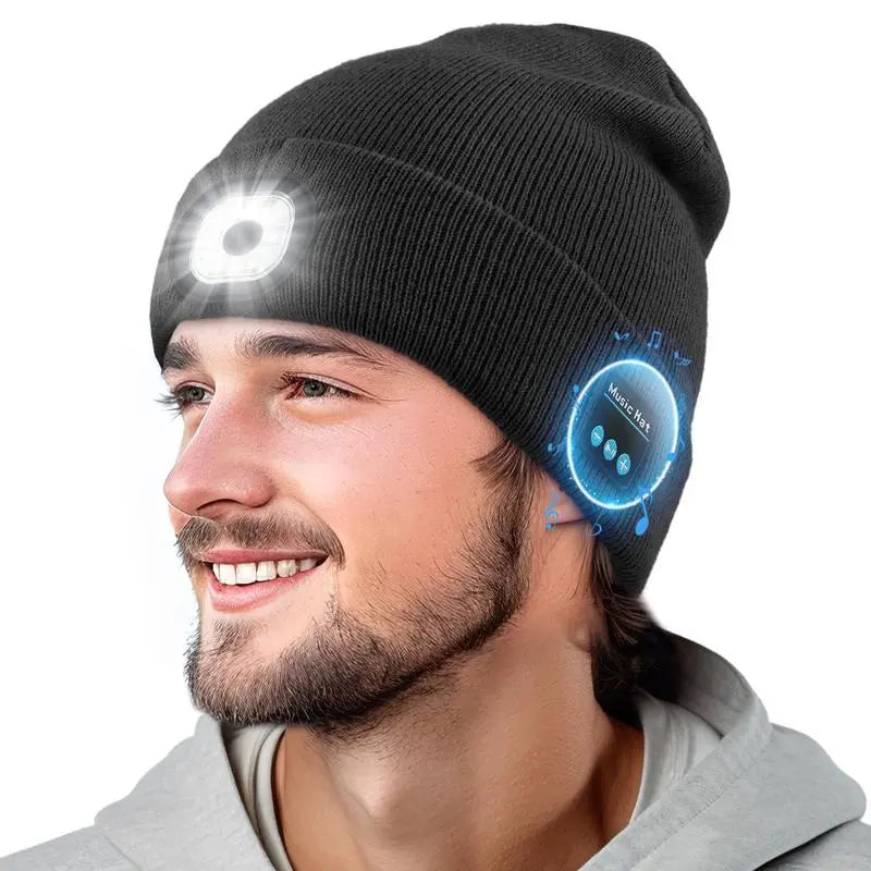 Bluetooth Beanie with Usb-Rechargeable LED Headlight — Ultra-Soft Acrylic Knit Hat with Built-In Wireless Headphones, Unisex Balaclava-Style Warm Cap for Men Women Teens, Great for Cycling, Hiking, Workouts, Christmas Gifts & Cold-Weather Adventures
