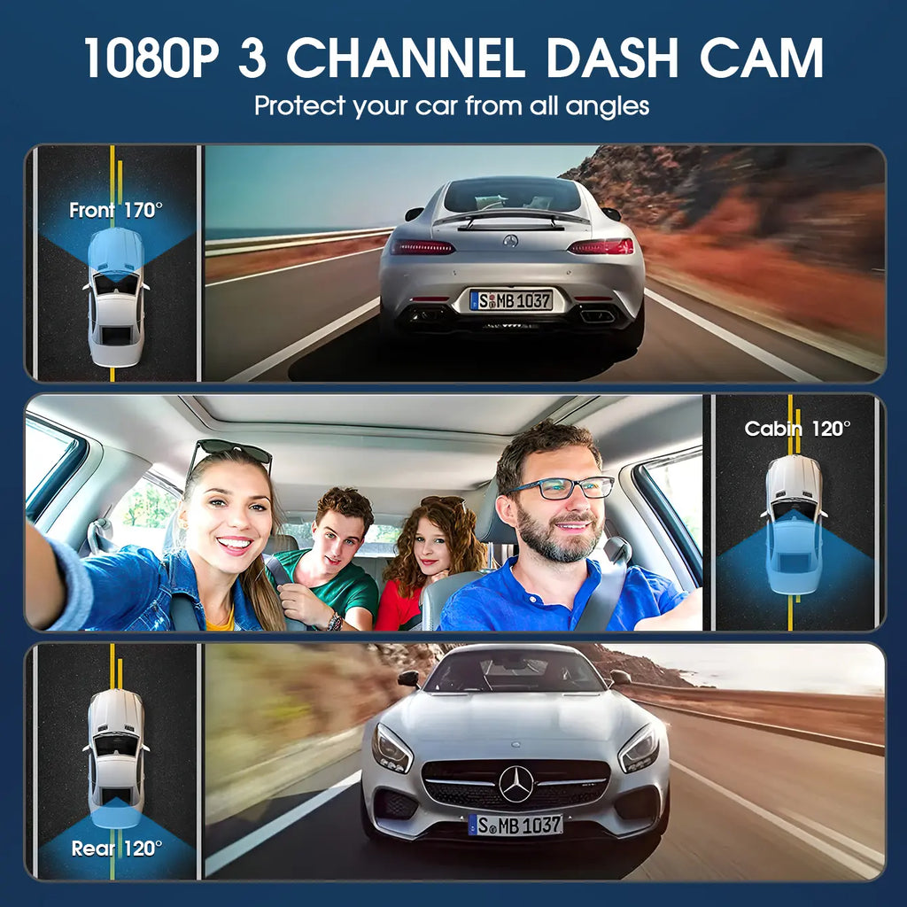 1080P 3 Channel Dash Cam with Night Vision, Cabin & Rear Camera, 170° Wide Angle, 64GB Card Included, Loop Recording, G-Sensor, 24H Parking Monitor, Infrared LED, Motion Detection, Super Night Vision, Backup Assist, 2.0" Display, Easy Install DVR