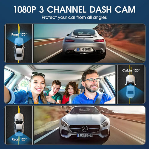 1080P 3 Channel Dash Cam with Night Vision, Cabin & Rear Camera, 170° Wide Angle, 64GB Card Included, Loop Recording, G-Sensor, 24H Parking Monitor, Infrared LED, Motion Detection, Super Night Vision, Backup Assist, 2.0" Display, Easy Install DVR
