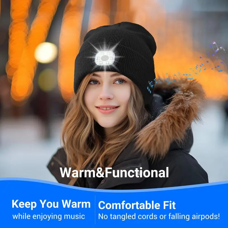Bluetooth Beanie with Usb-Rechargeable LED Headlight — Ultra-Soft Acrylic Knit Hat with Built-In Wireless Headphones, Unisex Balaclava-Style Warm Cap for Men Women Teens, Great for Cycling, Hiking, Workouts, Christmas Gifts & Cold-Weather Adventures
