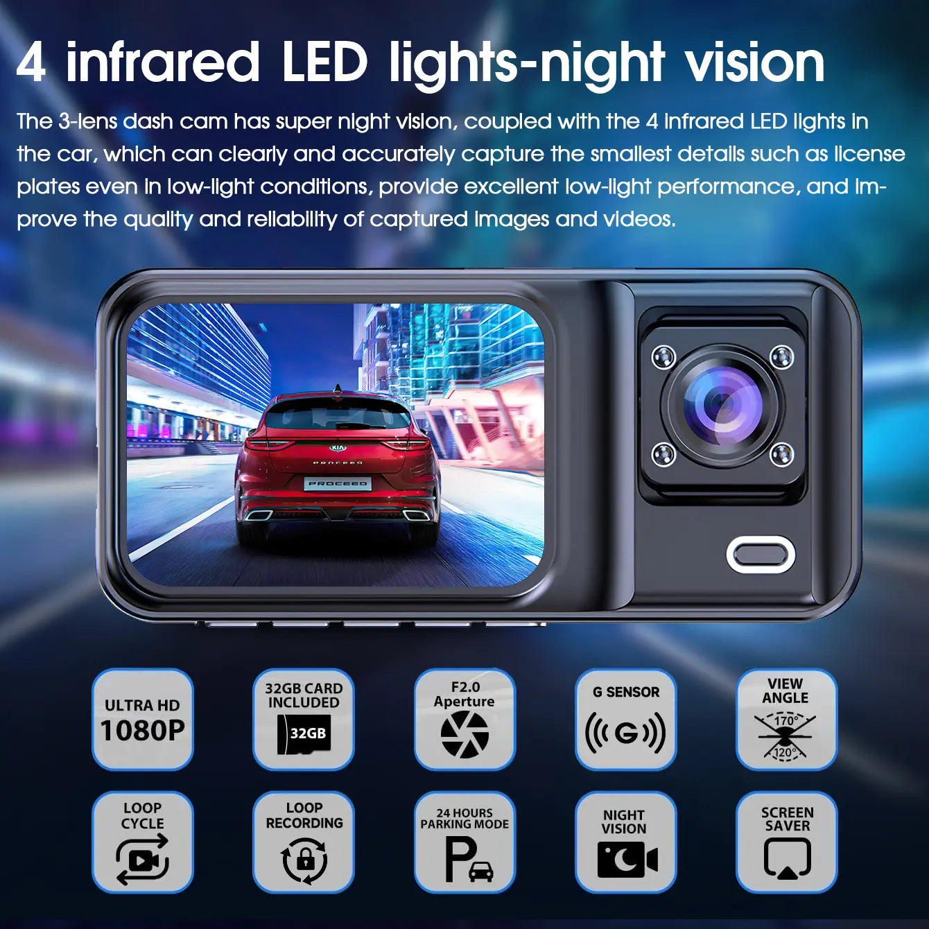 1080P 3 Channel Dash Cam with Night Vision, Cabin & Rear Camera, 170° Wide Angle, 64GB Card Included, Loop Recording, G-Sensor, 24H Parking Monitor, Infrared LED, Motion Detection, Super Night Vision, Backup Assist, 2.0" Display, Easy Install DVR