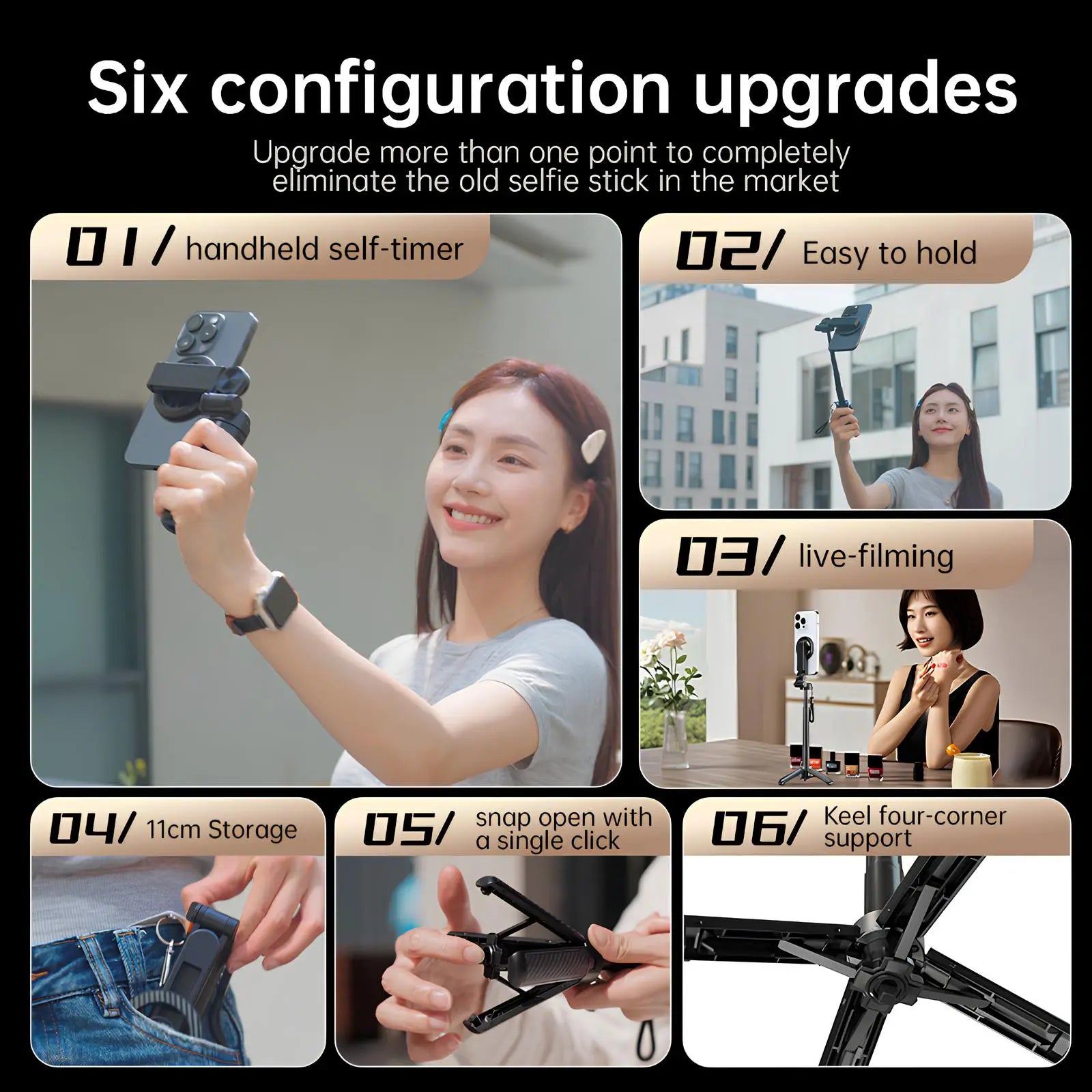 4 in 1 Foldable Selfie Stick with Tripod and Wireless Remote, Portable 360° Rotatable Magnetic Phone Holder for Tiktok, Youtube, Facetime, Living