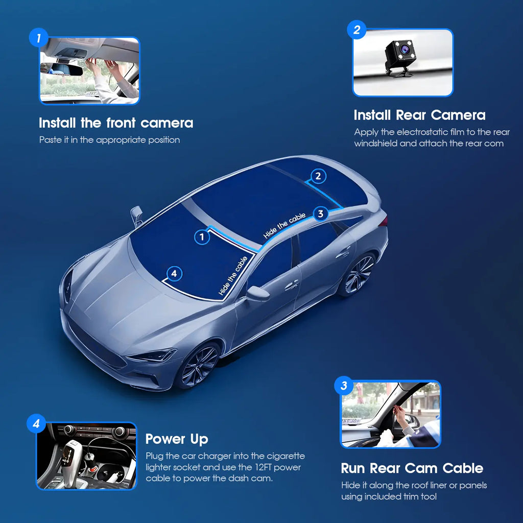 1080P 3 Channel Dash Cam with Night Vision, Cabin & Rear Camera, 170° Wide Angle, 64GB Card Included, Loop Recording, G-Sensor, 24H Parking Monitor, Infrared LED, Motion Detection, Super Night Vision, Backup Assist, 2.0" Display, Easy Install DVR