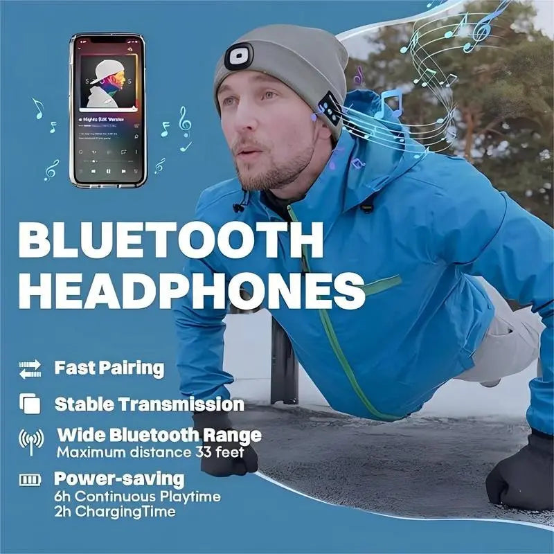 Bluetooth Beanie with Usb-Rechargeable LED Headlight — Ultra-Soft Acrylic Knit Hat with Built-In Wireless Headphones, Unisex Balaclava-Style Warm Cap for Men Women Teens, Great for Cycling, Hiking, Workouts, Christmas Gifts & Cold-Weather Adventures