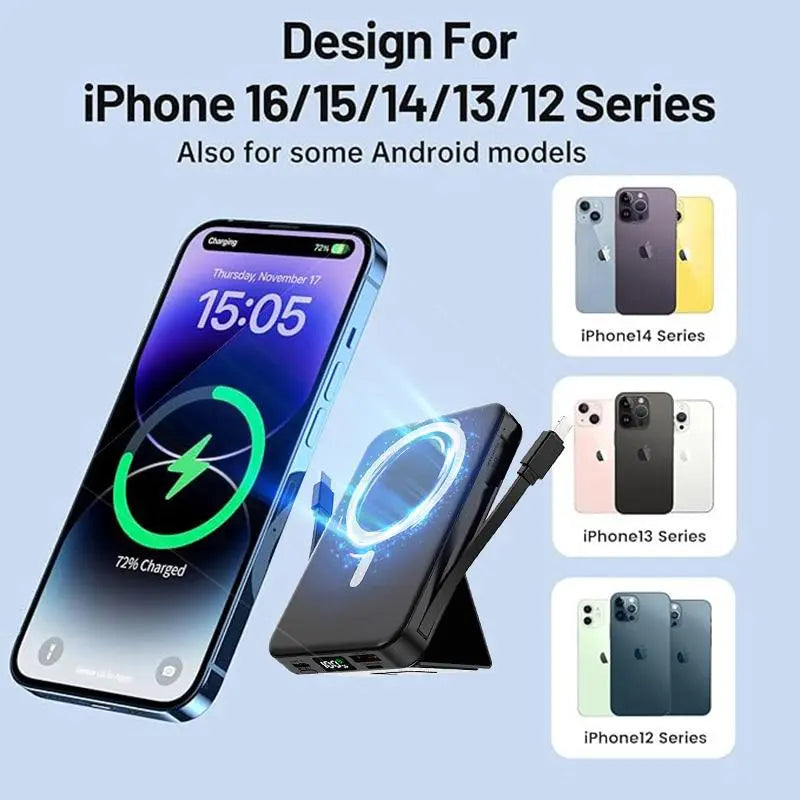 Portable Wireless Fast Charger Power Bank, 10000mAh Capacity with 22.5W PD Quick Charge, USB-C Port, LED Display, Compatible with iPhone Series for Travel Use