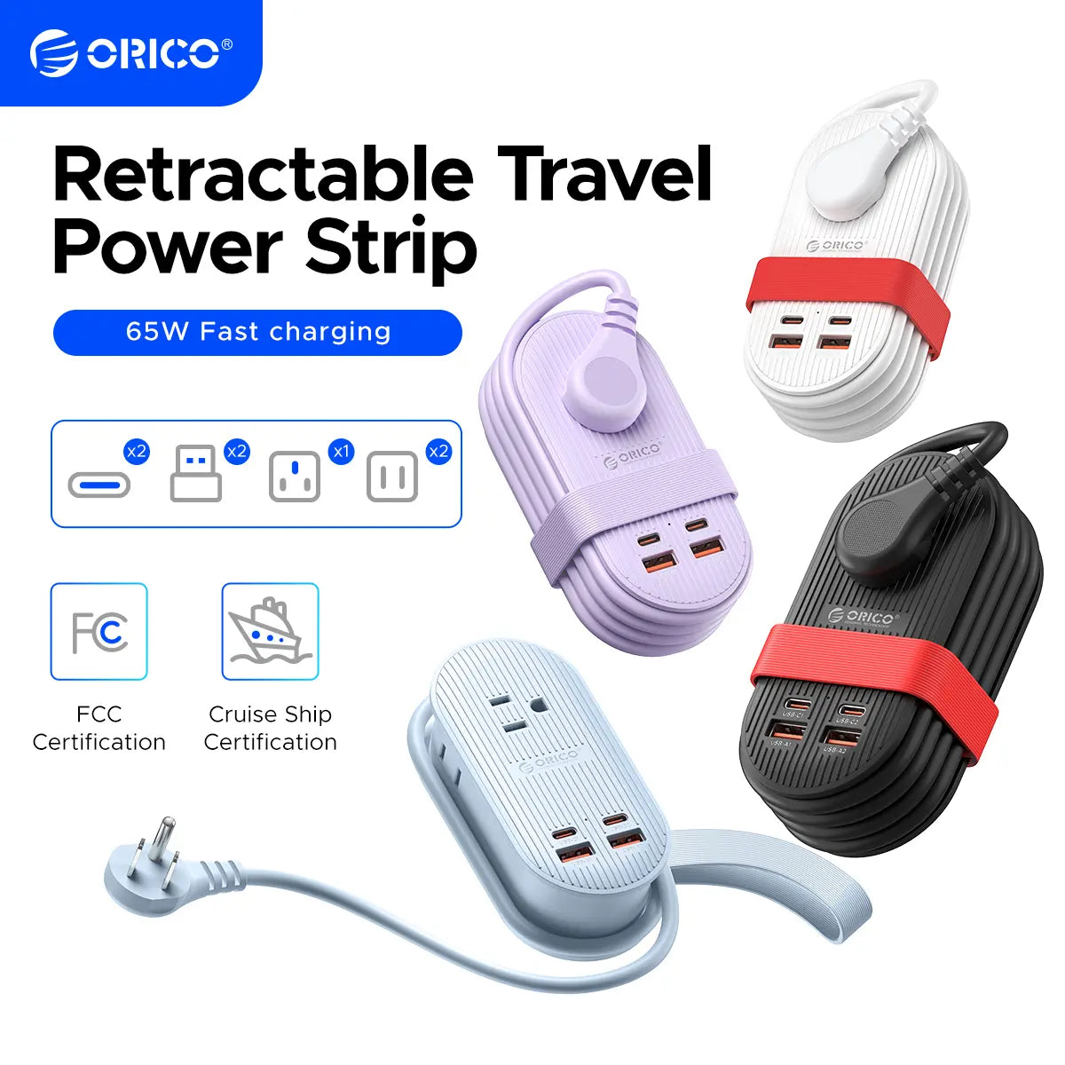 Upgraded 7-In-1 Travel Power Strip - Travel Safe 65W Power Fast Charge, 2 Outlets, 4 USB Ports (2TYPE-C+2USB-A), Compact Multi-Device Charger for Cruise, Mother'S Day Gifts - TK