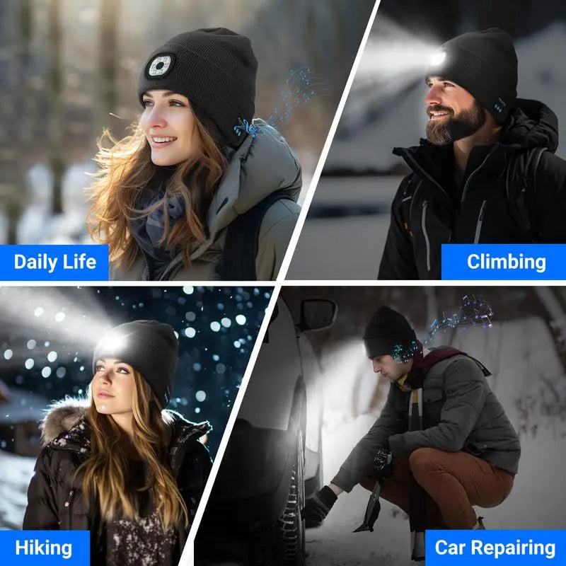 Bluetooth Beanie with Usb-Rechargeable LED Headlight — Ultra-Soft Acrylic Knit Hat with Built-In Wireless Headphones, Unisex Balaclava-Style Warm Cap for Men Women Teens, Great for Cycling, Hiking, Workouts, Christmas Gifts & Cold-Weather Adventures