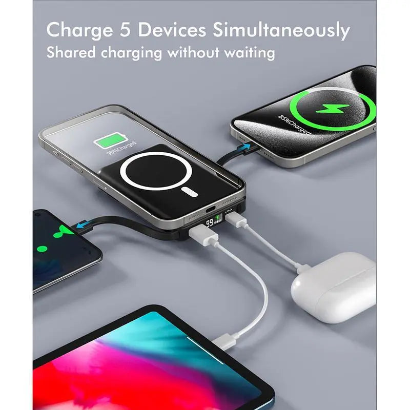 Portable Wireless Fast Charger Power Bank, 10000mAh Capacity with 22.5W PD Quick Charge, USB-C Port, LED Display, Compatible with iPhone Series for Travel Use