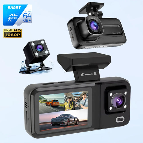 1080P 3 Channel Dash Cam with Night Vision, Cabin & Rear Camera, 170° Wide Angle, 64GB Card Included, Loop Recording, G-Sensor, 24H Parking Monitor, Infrared LED, Motion Detection, Super Night Vision, Backup Assist, 2.0" Display, Easy Install DVR